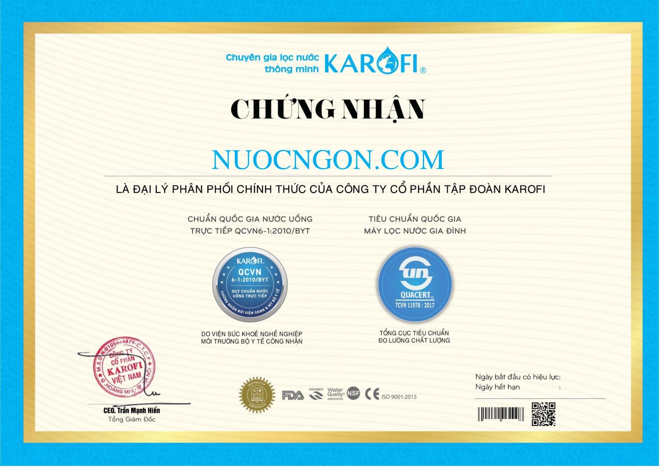 Giấy chứng nhận đại lý chính hãng của Karofi - Máy lọc nước Karofi KAQ-U03 tiêu chuẩn để gầm 