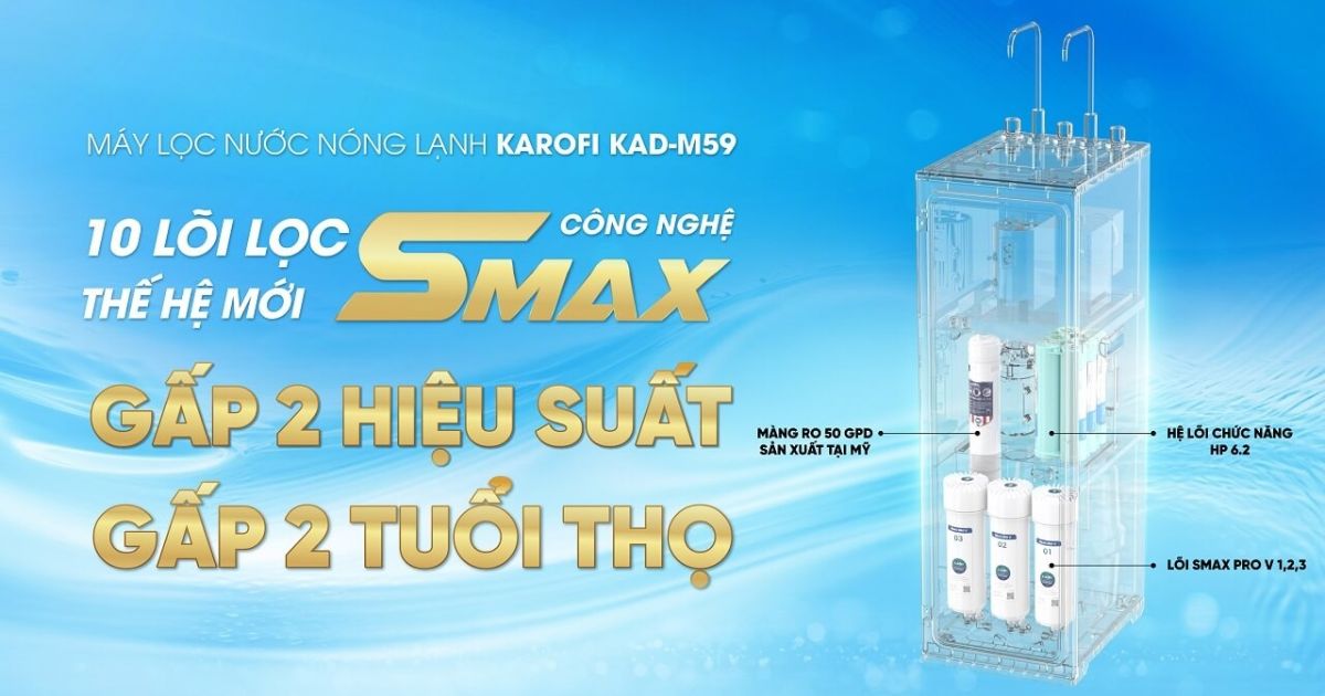 Hệ thống 10 lõi lọc Smax hiệu xuất cao - Pro V - Của máy lọc nước nóng lạnh Karofi KAD-M58