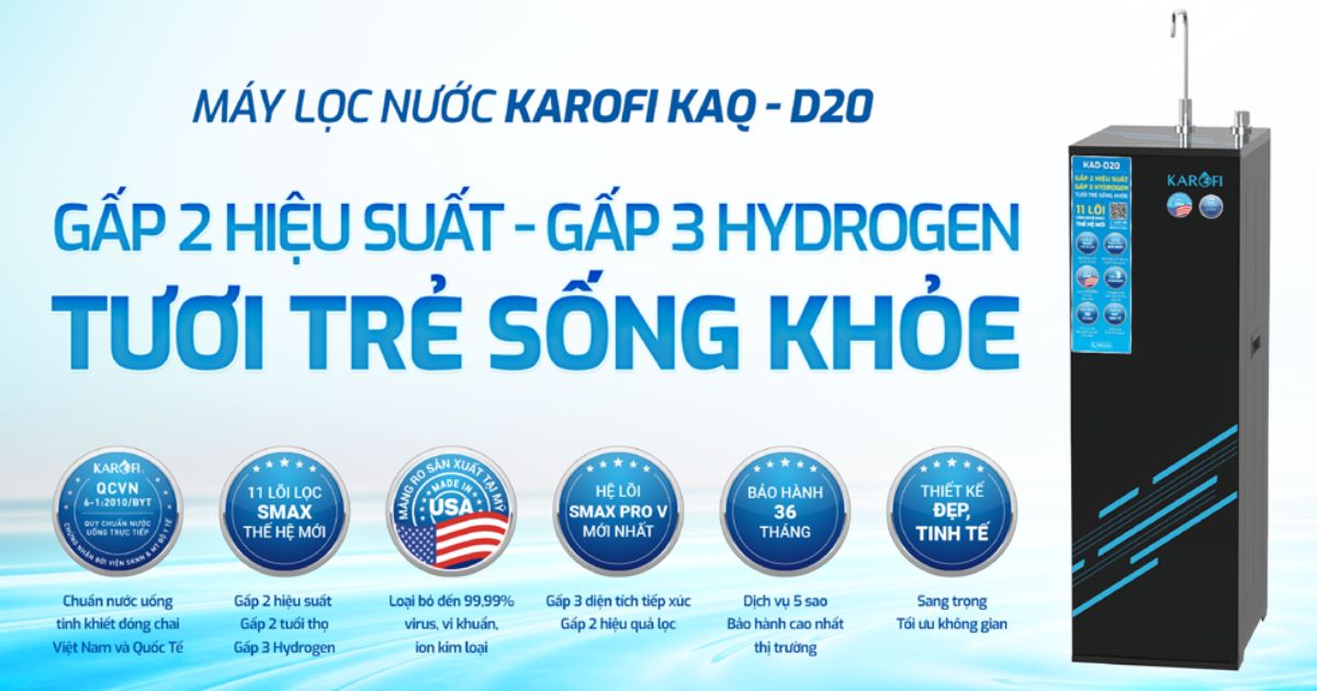 Máy lọc nước Ro Karofi KAQ-D20 gấp 3 hydrogen