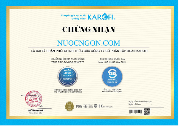 Nuocngon nhận giấy chứng nhận nhà phân phối chính thức của Karofi