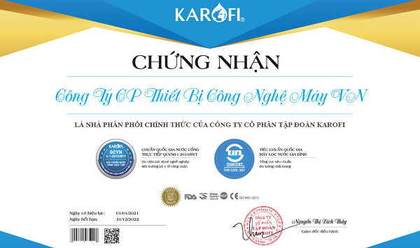 Giấy chứng nhận nhà phân phối chính thức của Karofi đối với công ty Thiết bị Công nghệ máy Việt Nam