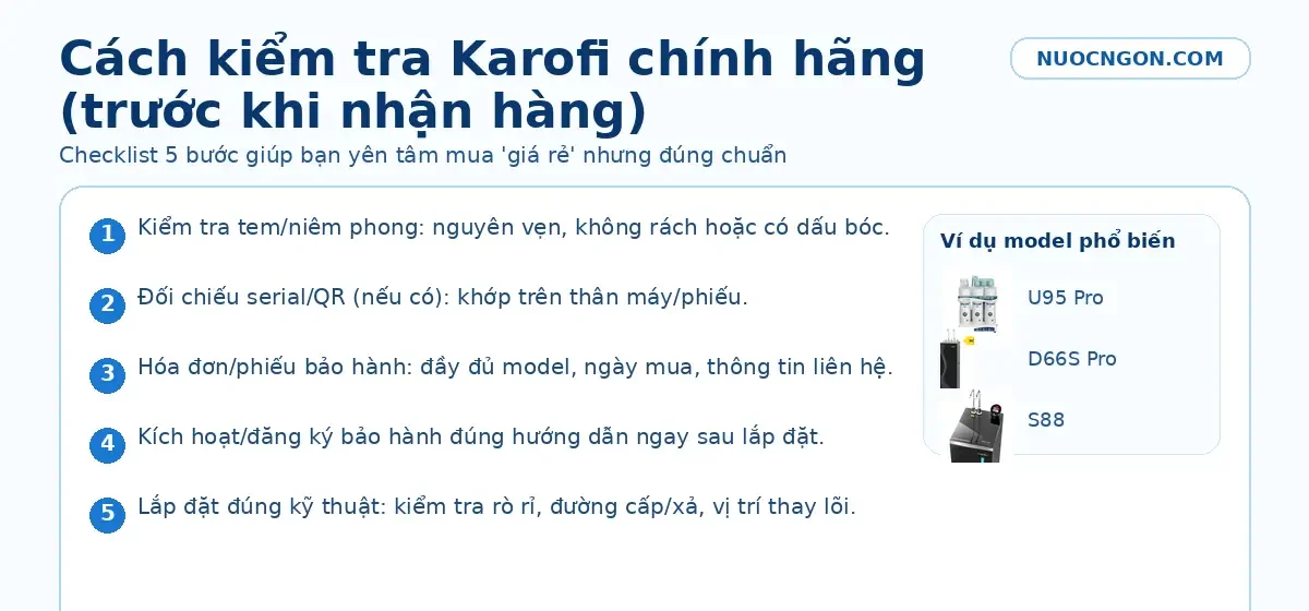 Checklist kiểm tra máy lọc nước Karofi chính hãng trước khi nhận hàng: tem, serial/QR, hóa đơn, bảo hành, lắp đặt