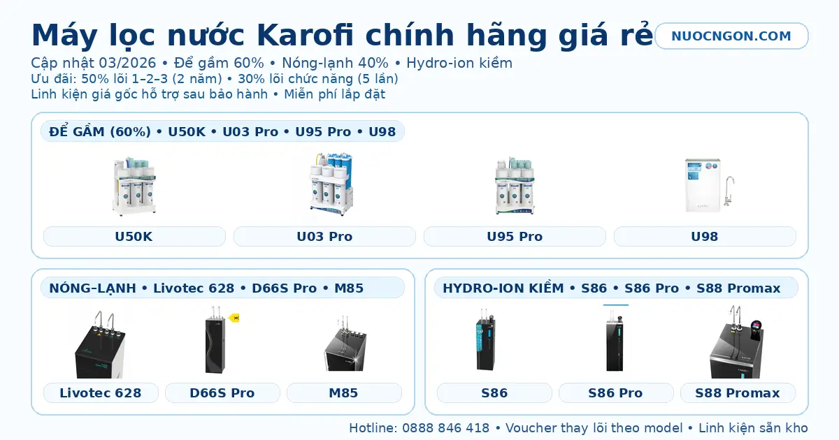 Máy lọc nước Karofi chính hãng giá rẻ – gợi ý để gầm U50K U03 Pro U95 Pro U98 và nóng lạnh, Hydro-ion kiềm (Nuocngon.com)